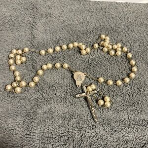 Vtg Catholic 18” Rosary Art Nouveau Faux Pearl Beads White Madonna & Child ITALY